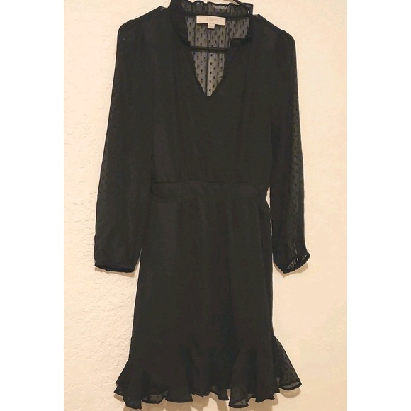 LOFT Dresses & Skirts - LOFT Black Polka Dot‎ Chiffon V-Neck Long Sleeve Ruffle Hem Dress Size 2